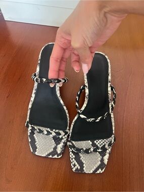 Sigerson Morrison Black & White Snake-Print Strappy square toe heel